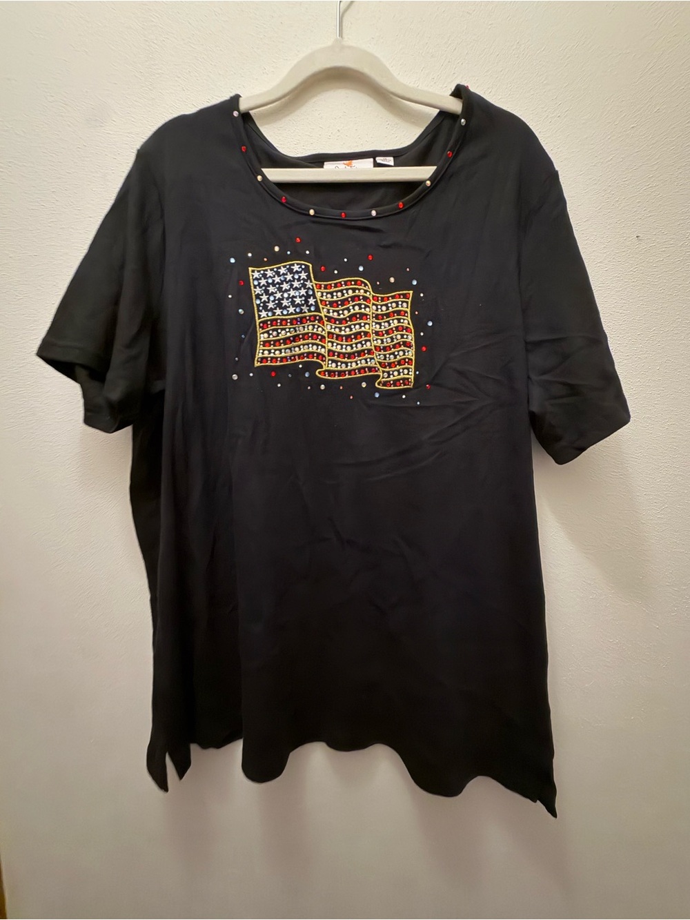 Quacker Factory Black Short Sleeve Top with Studded Flag Motif